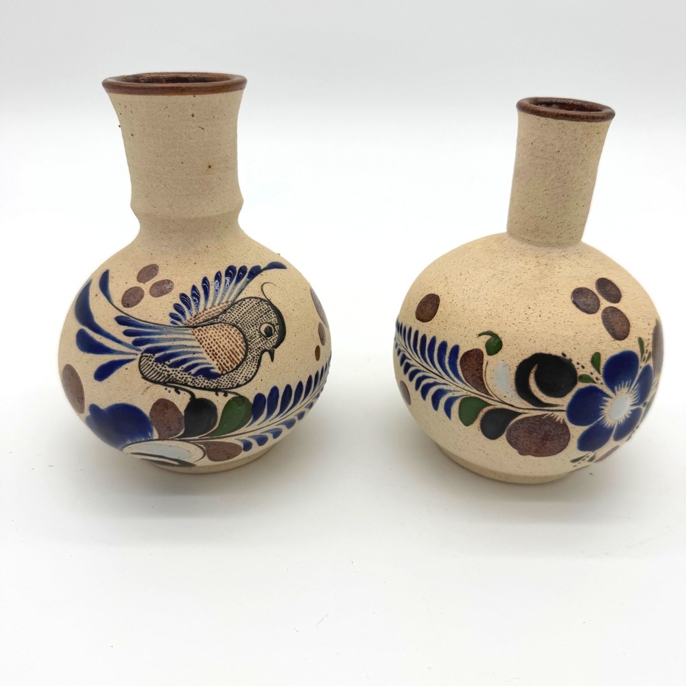 Mexican Tonala Pottery Bud Vases Set 2 Cream Blue Bird Floral Folk Art 5.5"